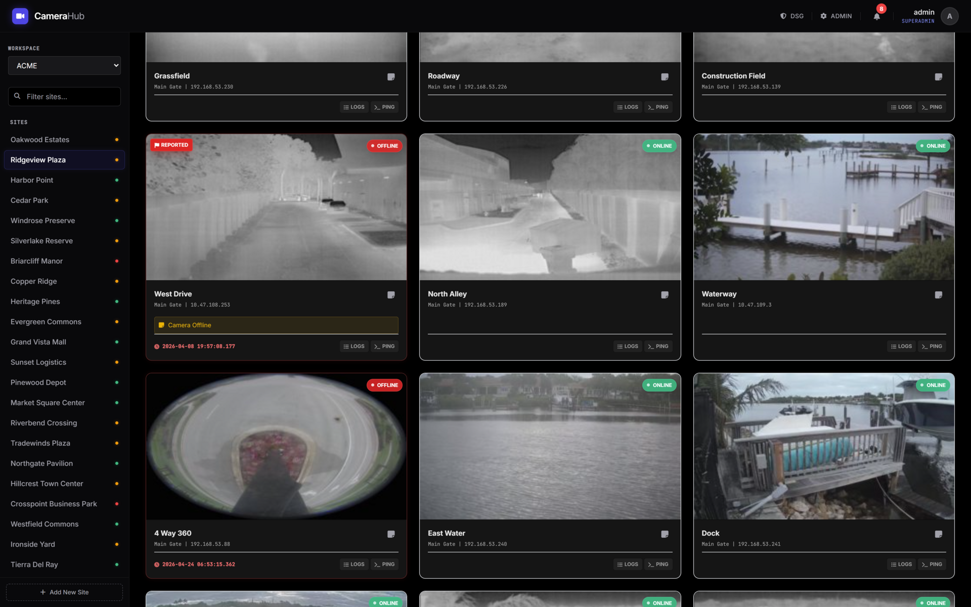 CriticalVue dashboard — live view of multiple sites with mixed online and offline camera statuses